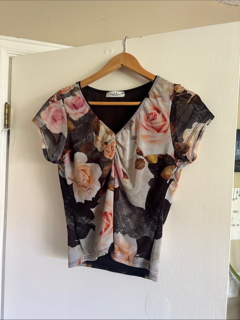 V-Neck Floral Blouse with Pleat Detail - Pink & Black